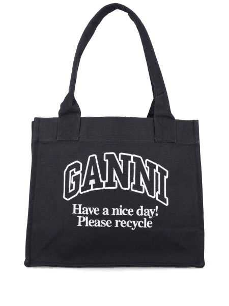 Geanta de mana Ganni neagra din bumbac organic