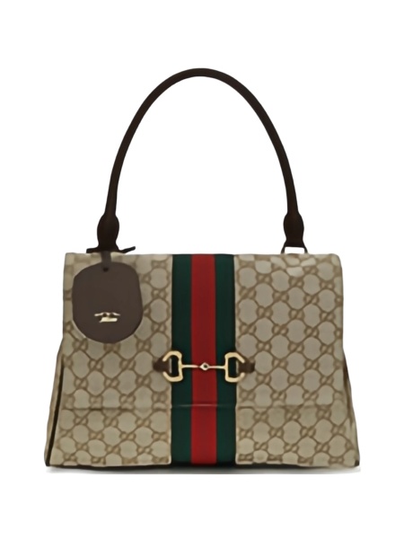 Geanta de mana Gucci Horsebit maro din material textil
