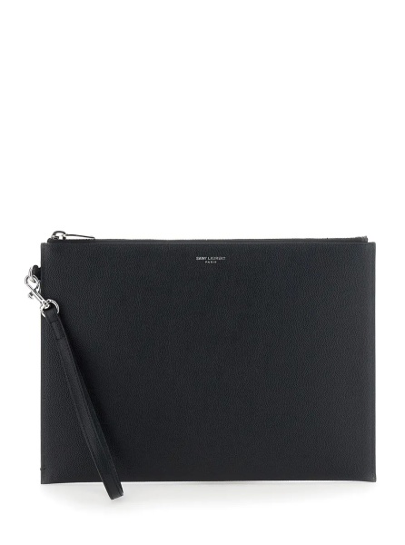Geanta de mana Pouch with Logo Embossed on the Front in Black Leather for Men