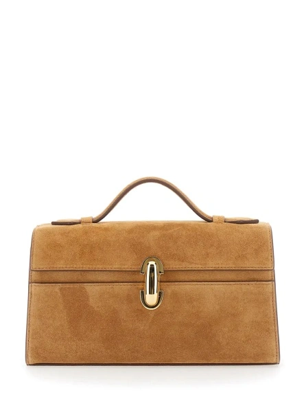 Geanta de mana 'The Symmetry Pochette' Brown Handbag with Turn Lock Closure and Top Handle in Suede for Women