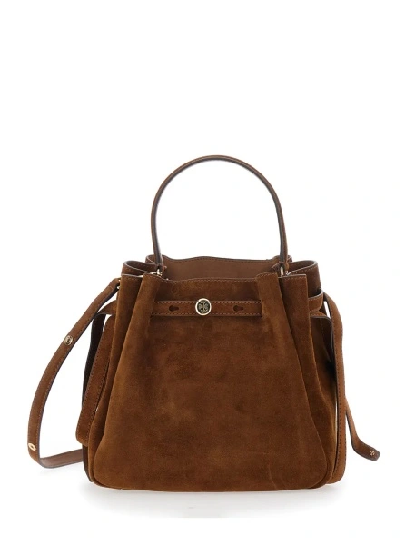 Geanta de mana Tory Burch maro din piele intoarsa 'Romy Bucket Bag'