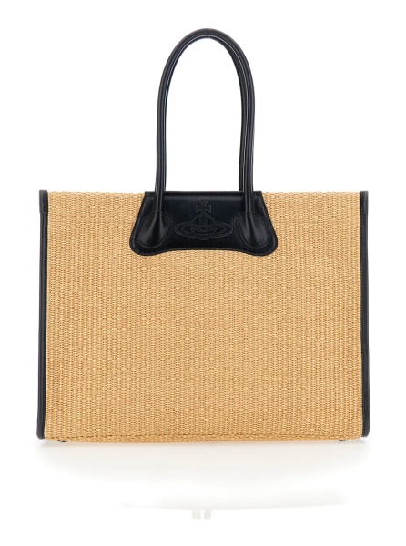 Geanta de mana 'Troy' Beige Tote bag with Orb Logo Embossed on the Front and Raffia Effect in Cotton for Women