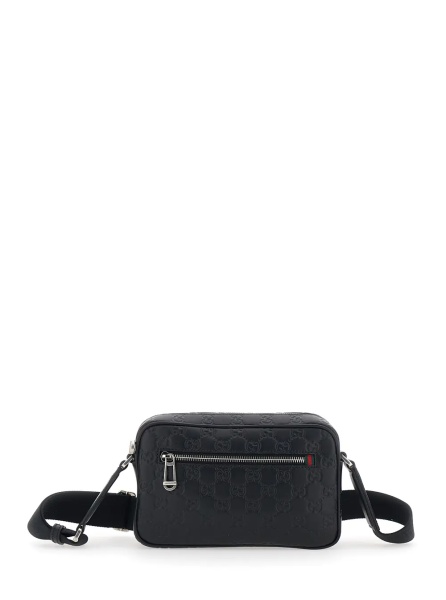 Geanta de umar Black Emblem Shoulder Bag with Adjustable Strap and All-Over GG Pattern in Leather for Men