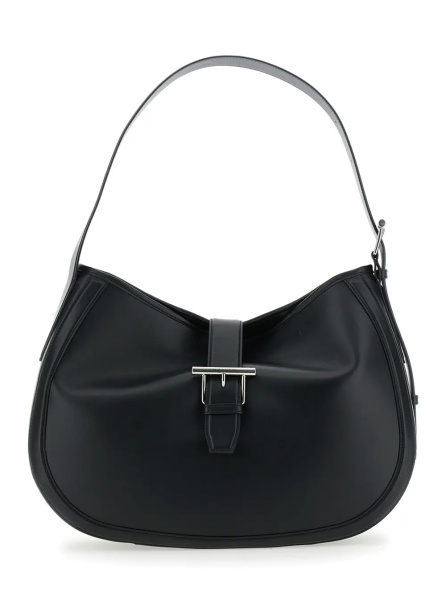 Geanta de umar Black Shoulder Bag with Adjustable Shoulder Strap and T Buckle Closure on the Front in Leather Woman