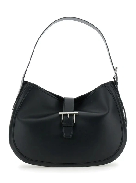 Geanta de umar Black Shoulder Bag with Adjustable Shoulder Strap and T Buckle Closure on the Front in Leather Woman