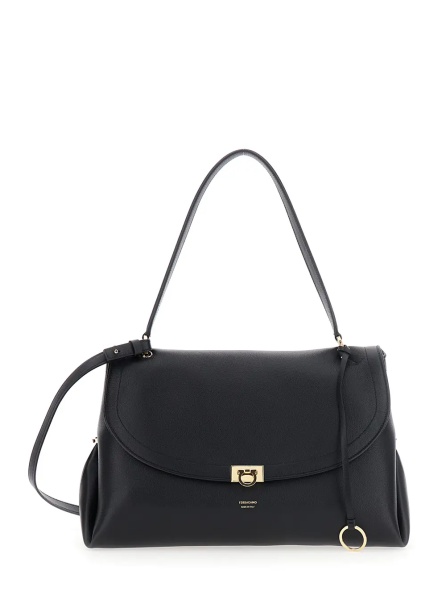 Geanta de umar Black Shoulder bag with adjustable strap and Gancini buckle closure in leather for women