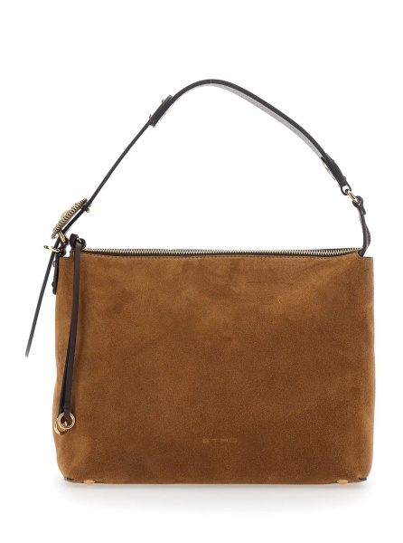 Geanta de umar Brown Shoulder bag with adjustable strap and Logo lettering on the front in suede for women