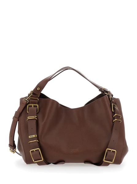 Geanta de umar 'D-One' Brown Shoulder Bag with logo on the front and decorative straps with buckles in leather for women