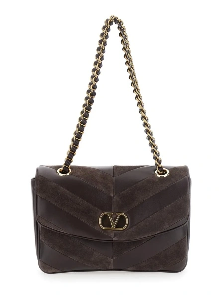 Geanta de umar 'Djuna' Brown Medium Crossbody bag with two chain handles and VLogo plaque on the front in leather and suede for women
