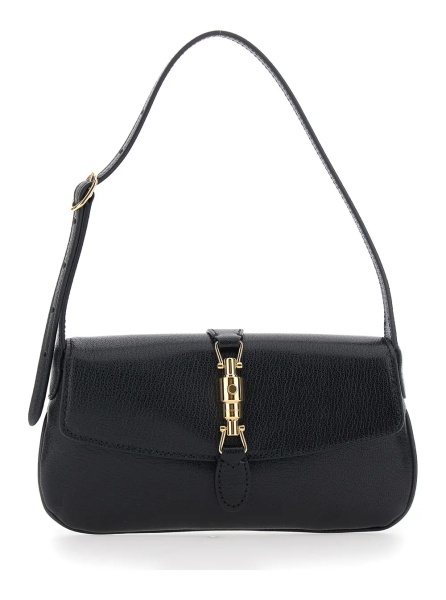 Geanta de umar 'Jackie' Black Shoulder bag with adjustable shoulder strap and piston closure on the front in leather for women