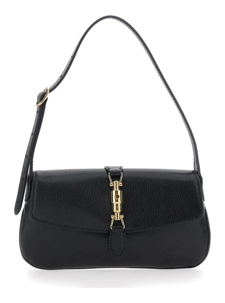 Geanta de umar 'Jackie' Black Shoulder bag with adjustable shoulder strap and piston closure on the front in leather for women