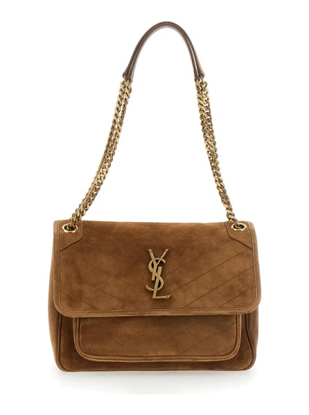 Geanta de umar 'NIKI medium' brown Crossbody bag with metal YSL plaque on the front in suede for women