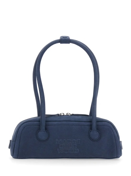 Geanta de umar 'Soft Boston Mini' blue Shoulder bag with Two Top Handles and Logo lettering on the Front in leather Women