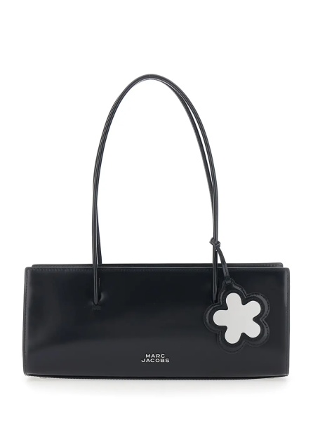Geanta de umar 'The Mirror Satchel' Black Shoulder Bag with Logo on Front and Flower Charm in LeatherWomen