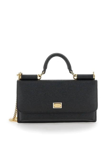 Genti Crossbody bag with Grained Leather Logo Plate Black Woman