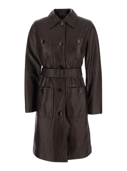 Jacheta 'Amaca' Brown Single-breasted Jacket with classic collar and Waist Belt in leather woman