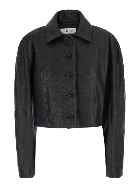 Jacheta Black Cropped Jacket with Classic collar in Leather for Women