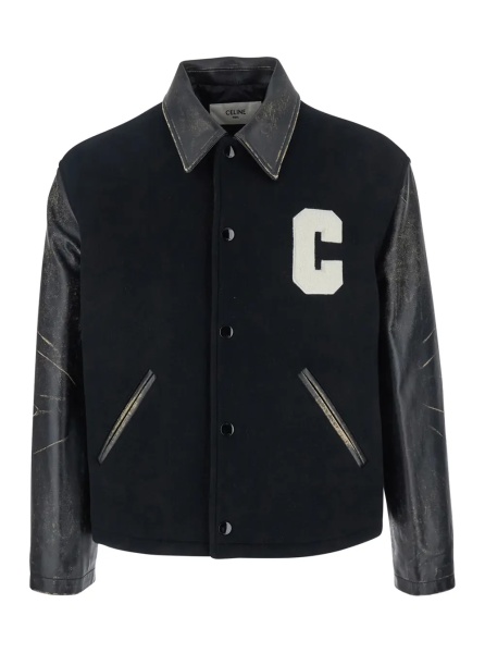 Jacheta Black Jacket with Classic Collar and Logo Patch on the Front in Cotton and Leather Man