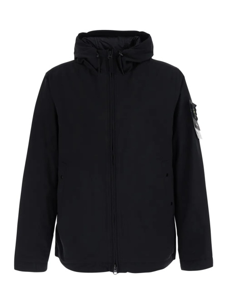 Jacheta Black Jacket with hood and logo patch on the sleeve in Tech Fabric for men