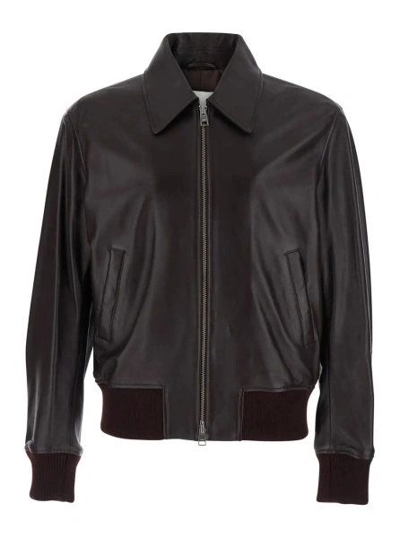 Jacheta Brown jacket with classic collar and elasticated trims in leather for men
