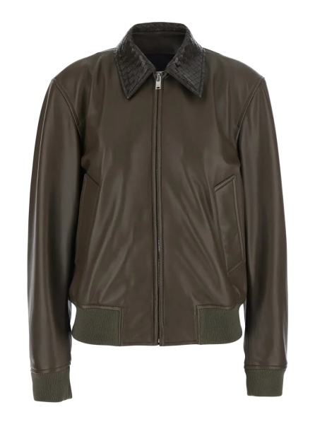 Jacheta dark green Jacket with collar with Intreccio Motif in leather for women