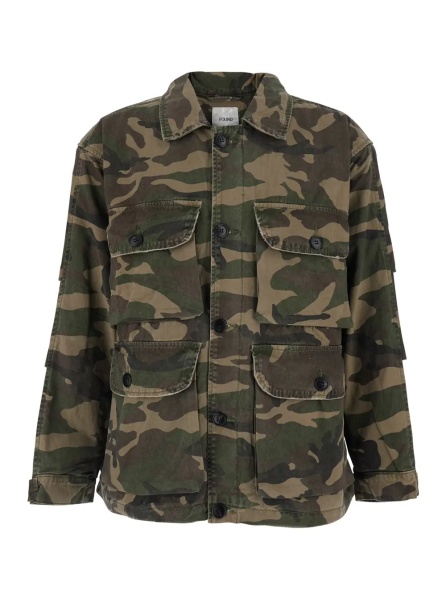 Jacheta Green Jacket with Classic Collar and All-Over Camouflage Print in Cotton for Men