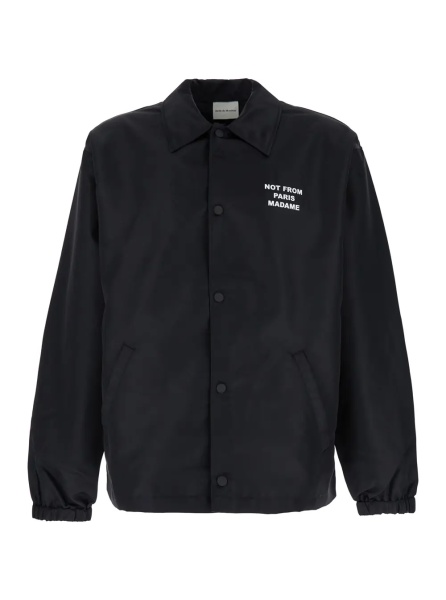 Jacheta Jacket 'La Veste Slogan' with Classic Collar and Slogan Print on Front and Back in Black Tech Fabric Men