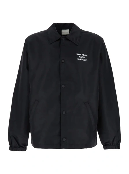 Jacheta Jacket 'La Veste Slogan' with Classic Collar and Slogan Print on Front and Back in Black Tech Fabric Men
