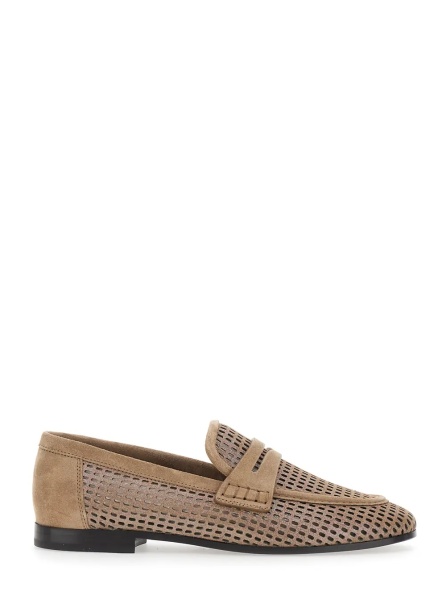 Mocasini Brown Slip-On Loafers with Perforated Design in Leather Woman