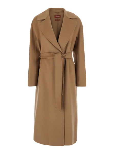 Paltoane Beige Coat with Wide Notched Revers and Front Belt Closure in Wool and Cashmere Blend for Women