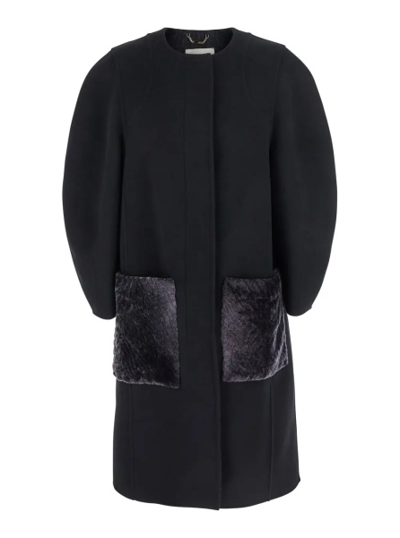 Paltoane Black Crewneck Coat with Puffed Sleeves and Two Front Shearling Pockets in Wool Blend Woman
