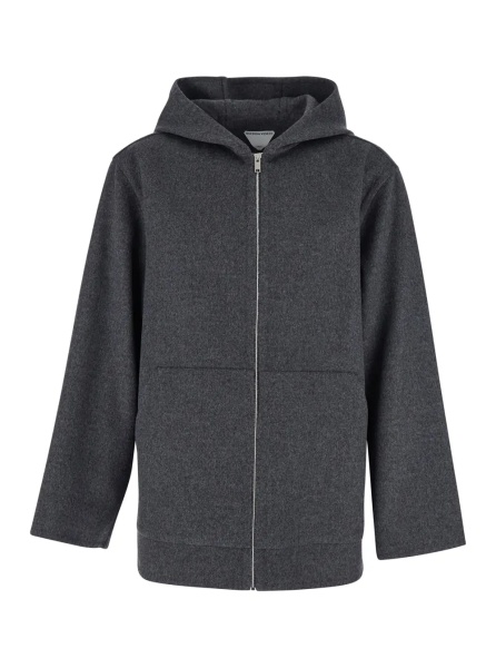 Paltoane Grey Coat with Fixed Hood and Front Zip Closure in Wool Man