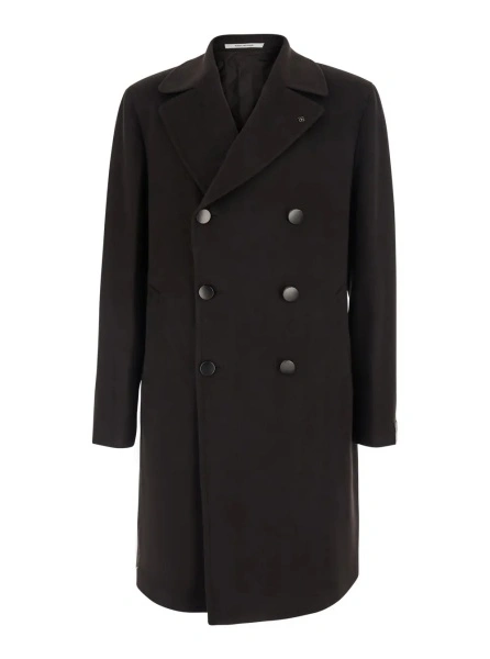 Palton 'Arden' Brown Double-Breasted Coat with Notched Revers and Back Belt in Wool for Men