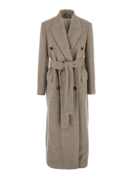 Palton Beige Double-Breasted Coat with Classic Lapels and Belt in Wool and Mohair Blend Woman