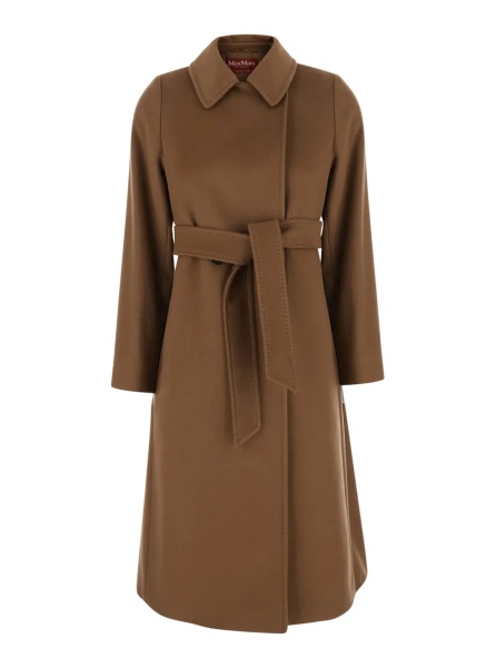 Palton Brown coat with shirt collar and waist belt in wool for women