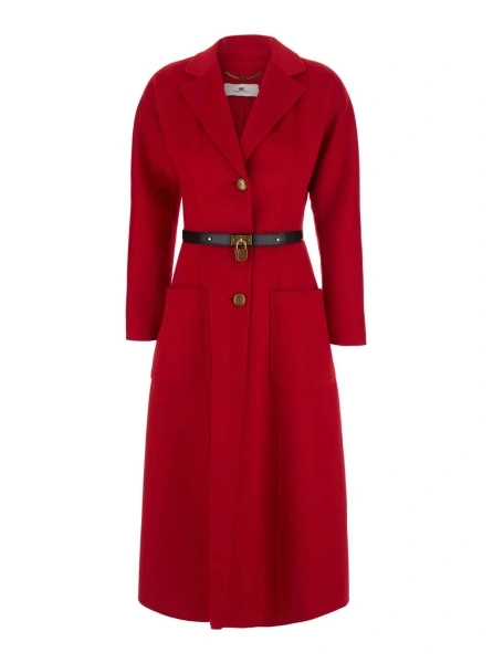 Palton Red Single-breasted Coat with Notched revers and front belt with locket in wool for women
