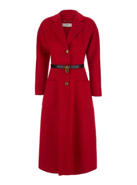 Palton Single-breasted Coat with Notched Revers and Long Sleeves in Red Fabric for Women