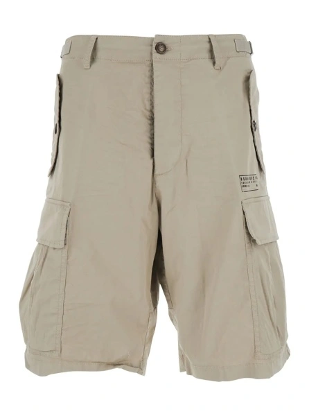 Pantaloni Beige Bermuda Shorts with Four Patch Pockets and Wide Leg in Cotton Stretch for Men