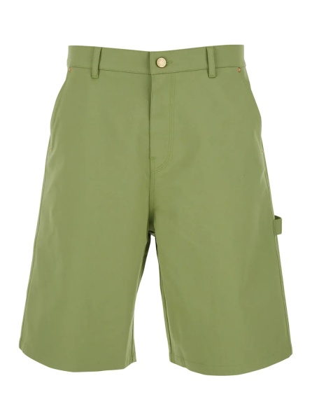 Pantaloni Bermuda with Belt Loops and Logo Patch on the Back in Green Stretch Cotton for Men