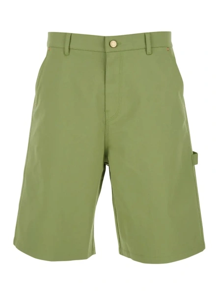 Pantaloni Bermuda with Belt Loops and Logo Patch on the Back in Green Stretch Cotton for Men