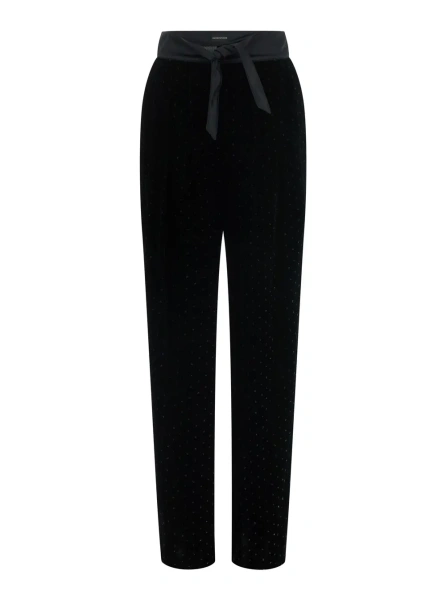 Pantaloni black Pants with elasticated waist, knot and all-over contrasting applications in velvet for women