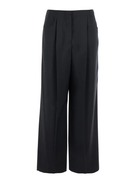 Pantaloni Black Pants with Front Pences and Wide Leg in Wool Woman