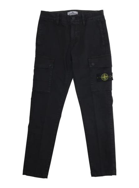 Pantaloni Black Pants with Two Front Cargo Pockets and Logo Patch on the Pocket in Cotton Stretch Boy