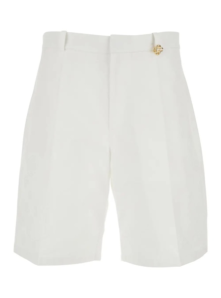 Pantaloni White Bermuda Shorts with Logo Plate on the Belt Loop and Wide Leg in Cotton Man