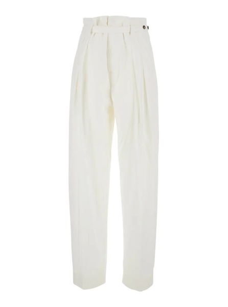 Pantaloni White Pants with Tapered Leg and Matching Waist Belt in Cotton for Women