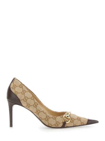 Pantofi Brown High-Heel Pumps with Horsebit Plate in GG Canvas for Women