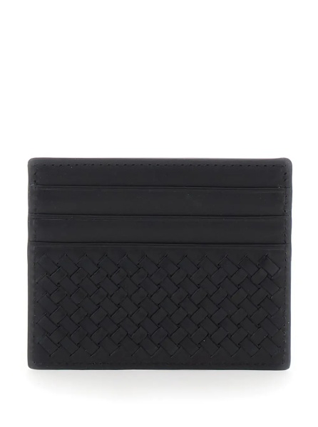Portofele Black Card Holder with Woven design in Leather for Women