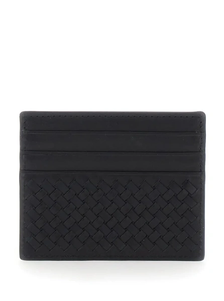 Portofele Black Card Holder with Woven design in Leather for Women