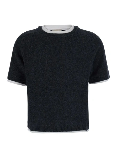 Pulover 'Aida' Gray short sweater with contrasting round neck in wool and cashmere for women