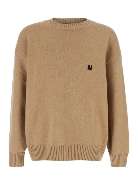 Pulover Beige Crew Neck Sweater with Front Logo in Wool Man